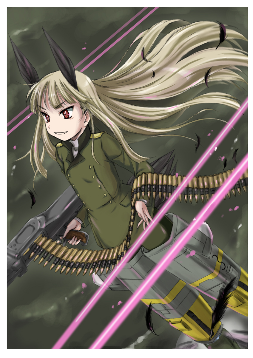 1girl animal_ears blonde_hair feathers flying grete_m_gollob grin gun highres holding holding_weapon long_hair long_sleeves machine_gun mg42 military military_uniform pantyhose red_eyes smile solo strike_witches striker_unit uniform wanyan_aguda weapon weapon_request