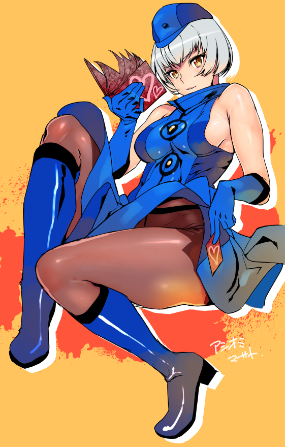 1girl ashiomi_masato bare_shoulders black_legwear blue_boots blue_dress blue_footwear blue_gloves book boots breasts crotch_seam dress elizabeth_(persona) gloves hat knee_boots pantyhose persona persona_3 sideboob silver_hair skirt skirt_lift solo yellow_eyes