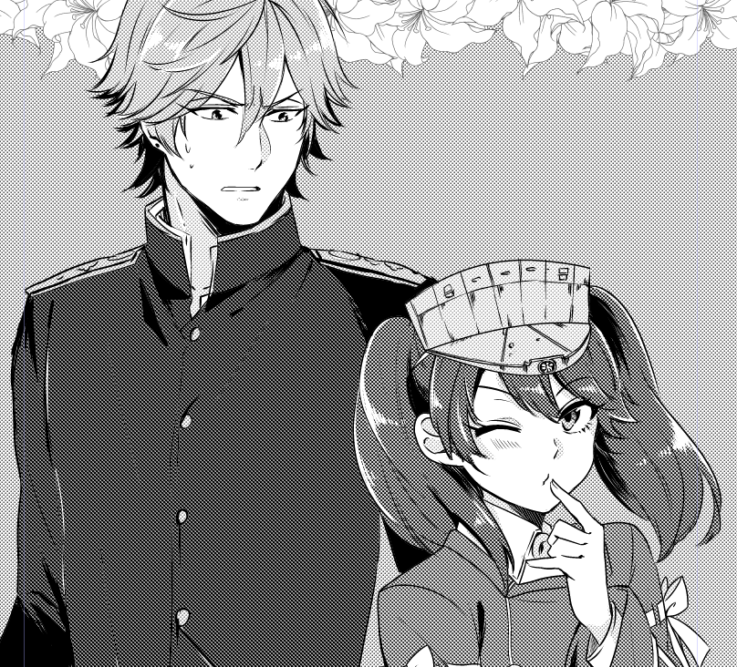 1boy 1girl ;o admiral_arisugawa blush buttons collarbone finger_to_mouth flower greyscale height_difference hibiscus index_finger_raised kantai_collection long_sleeves looking_at_another looking_at_viewer magatama military military_uniform monochrome nagomi_(mokatitk) naval_uniform one_eye_closed parted_lips personality_switch ryuujou_(kantai_collection) sweatdrop twintails uniform upper_body visor_cap