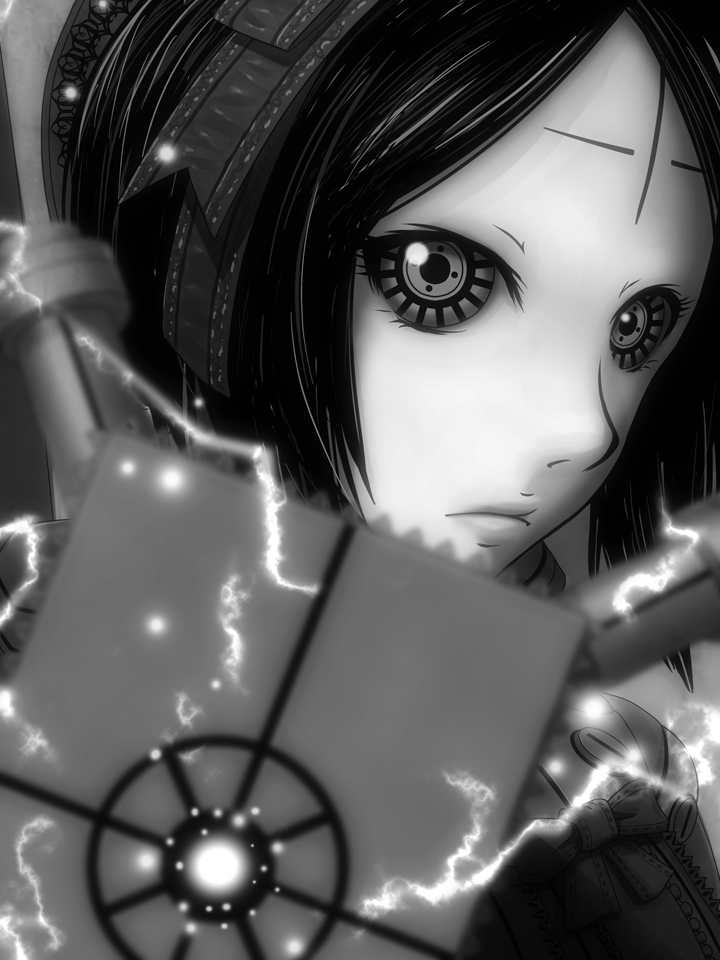 1girl blame! blurry bow bowtie close-up closed_mouth depth_of_field electricity expressionless face facial_tattoo graviton_beam_emitter greyscale hairband j-unit_(lilykiss) lips looking_at_viewer monochrome safeguard_(blame!) sanakan short_hair shoulder_pads solo tattoo upper_body