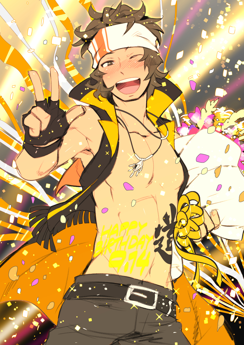 1boy ;d abs bandana belt bouquet brown_eyes brown_hair confetti enjouji_michiru fingerless_gloves flower gloves happy_birthday headset idolmaster idolmaster_side-m jewelry male_focus muscle necklace one_eye_closed open_clothes open_mouth open_vest petals shatou_(c-com) shirtless smile solo vest