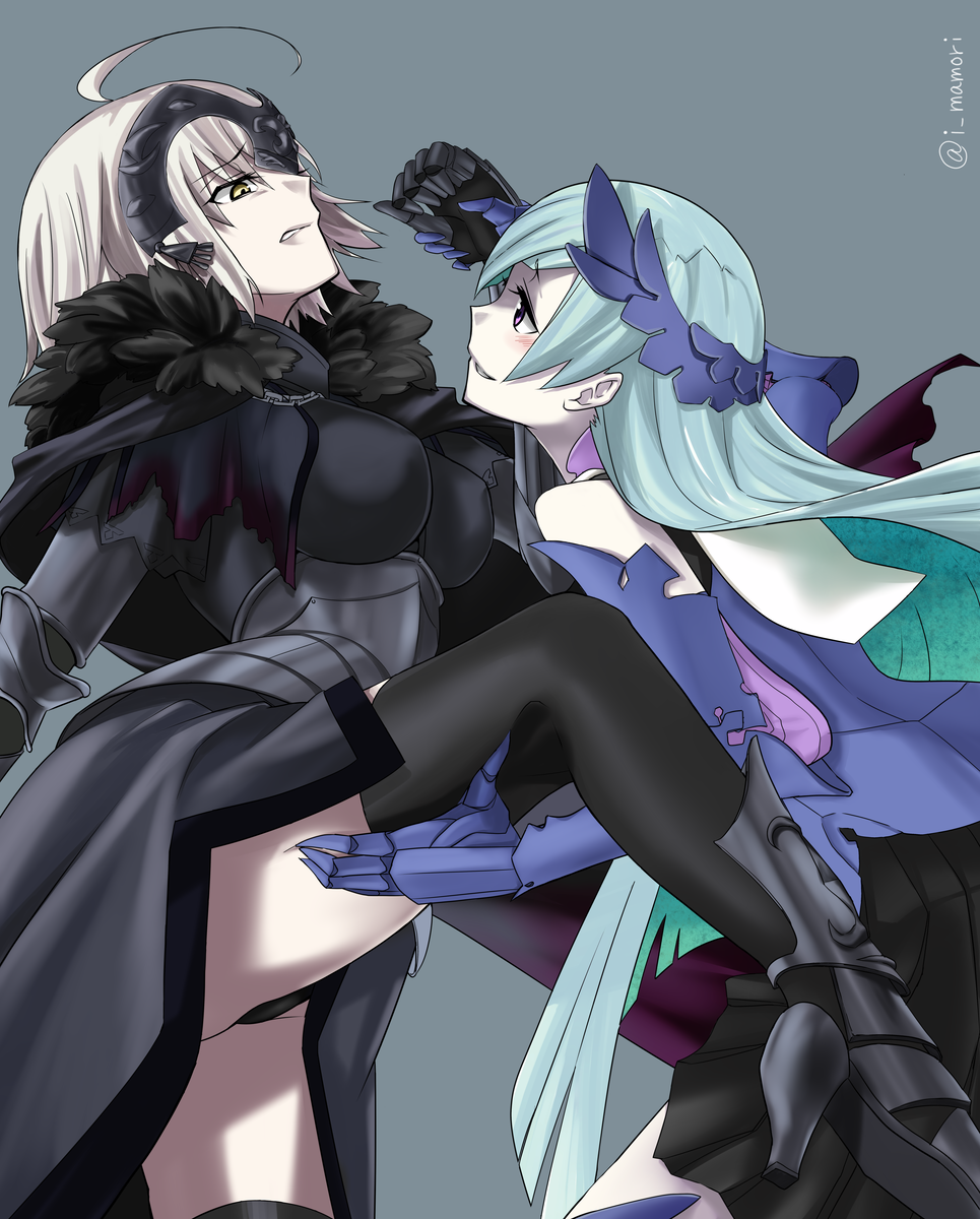 2girls armor armored_dress blonde_hair blush danbouru fate/grand_order fate/prototype fate/prototype:_fragments_of_blue_and_silver fate_(series) gauntlets headpiece highres jeanne_alter lancer_(fate/prototype_fragments) leg_grab long_hair multiple_girls ruler_(fate/apocrypha) ruler_(fate/grand_order) silver_hair thigh-highs very_long_hair violet_eyes yellow_eyes yuri