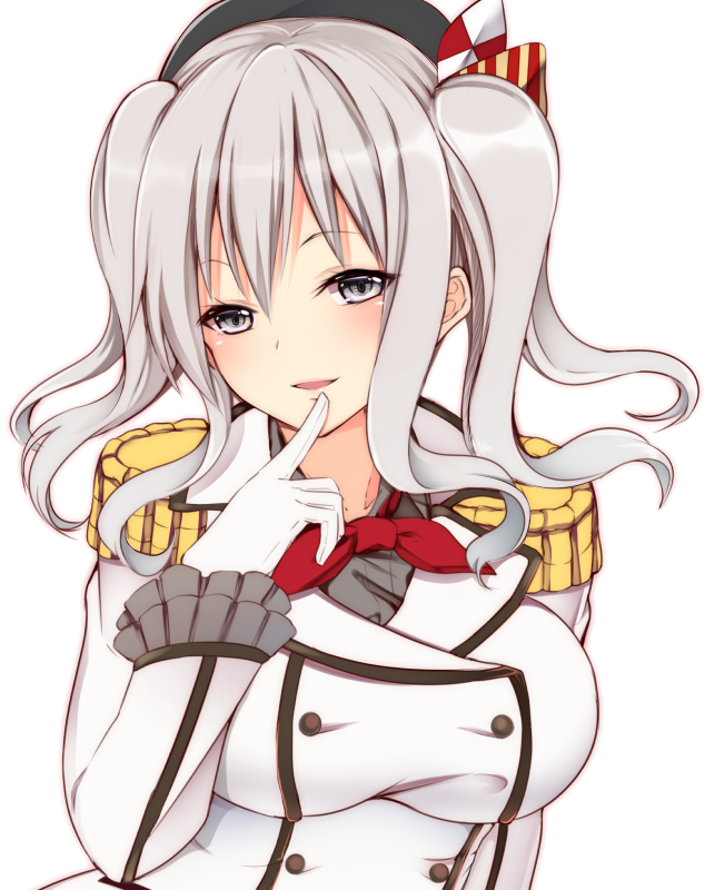 1girl beret breasts buttons epaulettes finger_to_mouth frilled_sleeves frills gloves grey_eyes hat jacket kantai_collection kashima_(kantai_collection) kerchief large_breasts looking_at_viewer military military_uniform open_mouth raised_hand sidelocks silver_hair solo suitenjh twintails uniform wavy_hair white_gloves