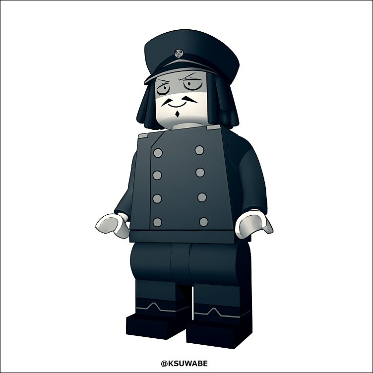abyssal_admiral_(kantai_collection) admiral_suwabe black_border black_hair border commentary_request facial_hair goatee hairlocs hat kantai_collection kei-suwabe lego_minifig military military_hat military_uniform mustache peaked_cap smile twitter_username uniform white_skin