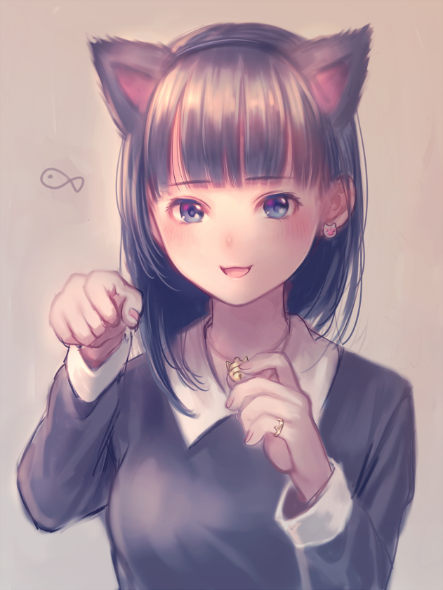 1girl :d animal_ears bangs beige_background bell black_hair blue_eyes blunt_bangs blush cat_ears collared_shirt earrings eyebrows eyebrows_visible_through_hair hairband hand_gesture holding holding_necklace jewelry jingle_bell long_sleeves nail_polish nishizawa open_mouth original paw_earrings paw_pose pendant pink_nails ring shirt short_hair simple_background smile solo sweater tareme upper_body