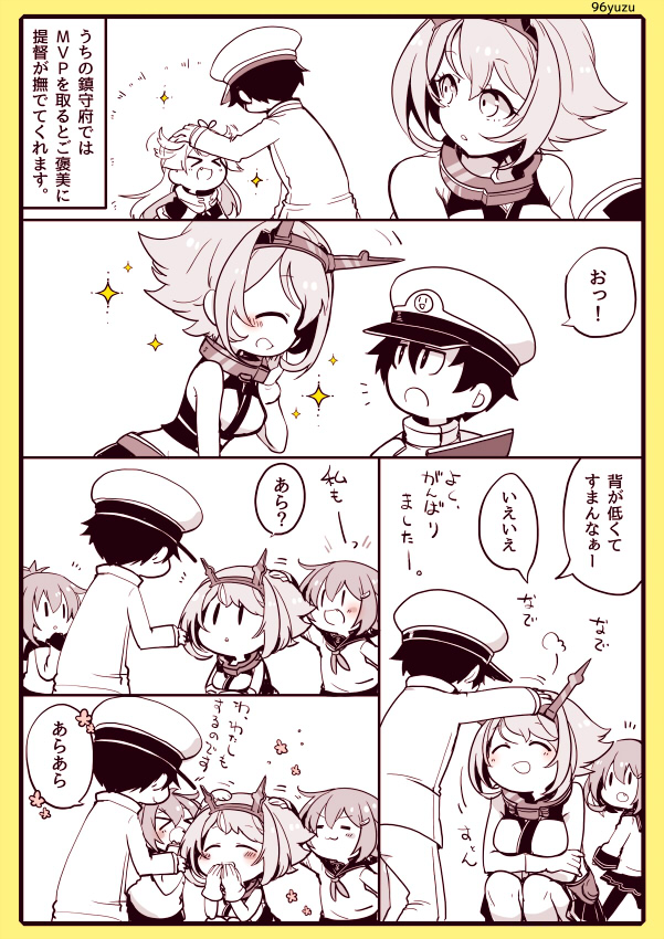 &gt;_&lt; 1boy 4girls :3 :d ^_^ admiral_(kantai_collection) bare_shoulders blush closed_eyes comic fang folded_ponytail hair_flaps hair_ornament hair_ribbon hairclip hat ikazuchi_(kantai_collection) inazuma_(kantai_collection) kantai_collection kuro_yuzu long_hair long_sleeves military military_uniform monochrome multiple_girls mutsu_(kantai_collection) neckerchief open_mouth peaked_cap petting pleated_skirt ponytail remodel_(kantai_collection) ribbon scarf school_uniform serafuku short_hair skirt smile sparkle squatting thigh-highs translated uniform xd yuudachi_(kantai_collection) |_|