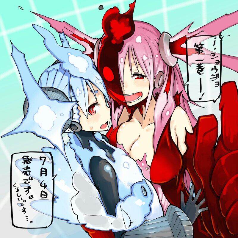 +_+ 2girls :d ;o aqua_background arm_around_waist asymmetrical_docking bangs bare_shoulders blue_hair blush breast_press breasts cleavage dutch_angle elenora_(ishoujo) face_mask foreshortening from_side gloves gradient gradient_background gradient_hair grid hair_between_eyes hair_ornament half-closed_eyes half_mask hug ibis_(ishoujo) index_finger_raised ishoujo large_breasts long_hair looking_at_viewer looking_back mask multicolored_hair multiple_girls one_eye_closed open_mouth pink_hair profile red_eyes short_hair short_twintails small_breasts smile speech_bubble sweatdrop symbol-shaped_pupils takayama_toshinori translation_request turtleneck twintails two_side_up upper_body wavy_mouth