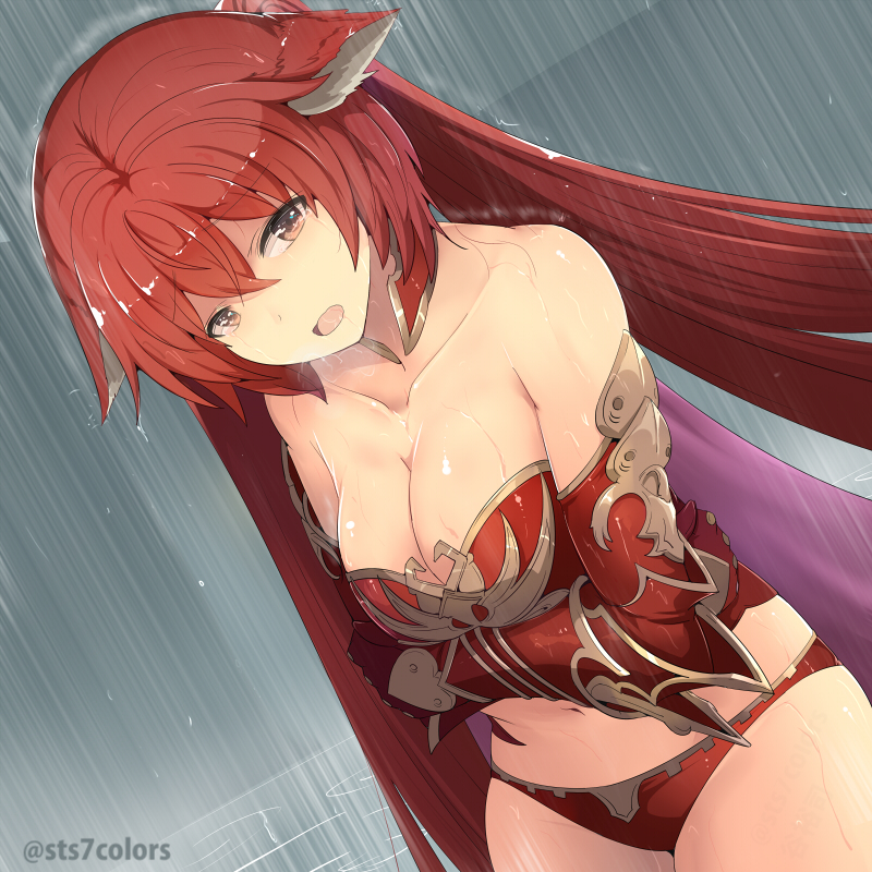 1girl :o animal_ears artist_name bare_shoulders bikini bikini_bottom breasts cape cat_ears cerberus_(shingeki_no_bahamut) cleavage collarbone detached_collar dripping eyebrows eyebrows_visible_through_hair gauntlets granblue_fantasy hair_between_eyes large_breasts long_hair looking_at_viewer midriff navel open_mouth orange_eyes purple_cape rain red_bikini redhead shingeki_no_bahamut shiny shiny_skin solo stomach strapless sts swimsuit tareme thighs tubetop twintails very_long_hair water wet