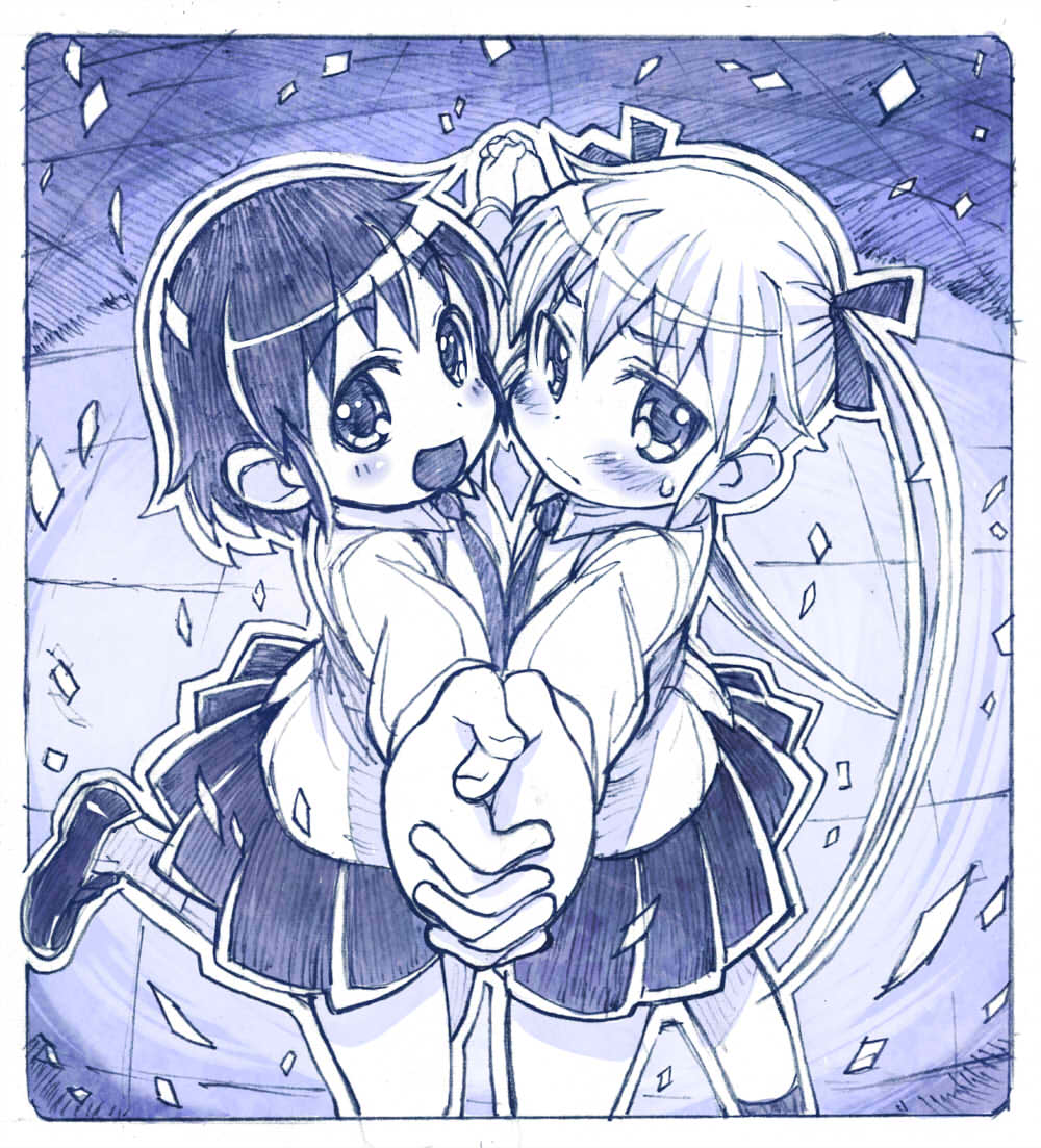 2girls :d bangs blue blush commentary_request dress_shirt foreshortening from_side hair_ribbon holding_hands interlocked_fingers kill_me_baby leg_up loafers long_hair long_sleeves looking_at_viewer monochrome multiple_girls necktie open_mouth oribe_yasuna outline outstretched_arms pleated_skirt ribbon sakino_shingetsu school_uniform shirt shoes short_hair skirt smile socks sonya_(kill_me_baby) spread_arms sweatdrop tareme traditional_media tsurime twintails