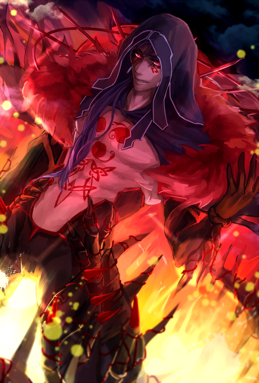 1boy black_gloves blue_hair cu_chulainn_alter_(fate/grand_order) fate/grand_order fate_(series) fur_trim gloves highres hood lancer long_hair looking_at_viewer male_focus red_eyes shirtless solo spikes tattoo toudai_(see-you!my_wonderland)
