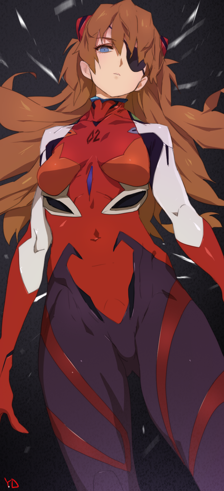 1girl artist_name ass_visible_through_thighs bangs blue_eyes bodysuit brown_hair collarbone covered_navel crotch evangelion:_3.0_you_can_(not)_redo eyepatch gloves hair_between_eyes headgear highres hip_bones legs_apart long_hair looking_at_viewer neon_genesis_evangelion number parted_lips pilot_suit plugsuit rebuild_of_evangelion shikinami_asuka_langley signature skin_tight small_breasts solo souryuu_asuka_langley turtleneck yang-do