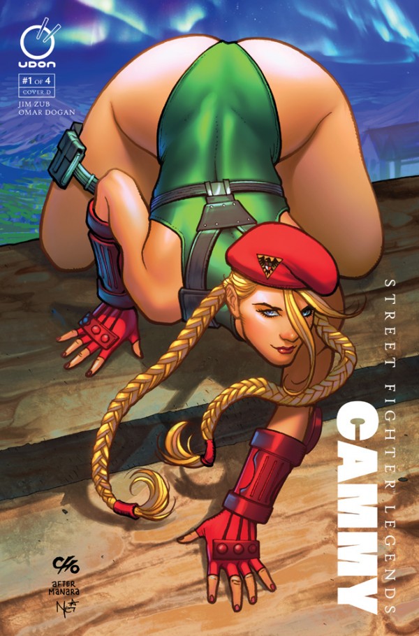 1girl all_fours beret braid cammy_white cover cover_page derivative_work fingerless_gloves frank_cho gloves hat leotard light_smile official_art parody smile solo spider-man_(series) spider-woman street_fighter thigh_strap thong_leotard top-down_bottom-up twin_braids udon_entertainment