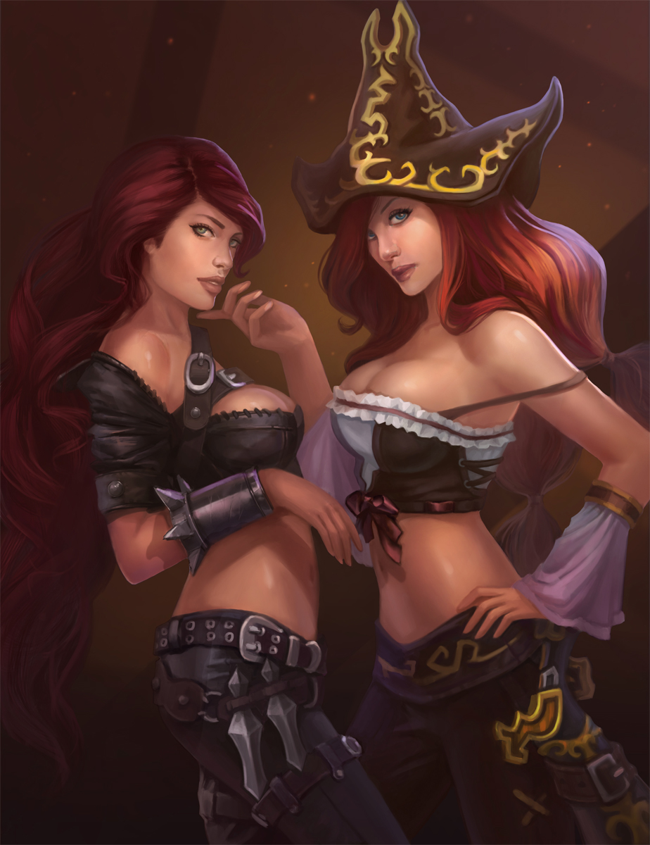 2girls bare_shoulders belt blue_eyes bracelet breasts cleavage finger_to_another's_chin green_eyes gun hand_on_another's_chin handgun hat highres huge_breasts jewelry katarina_du_couteau knife lagunaya large_breasts league_of_legends long_hair looking_at_viewer looking_to_the_side midriff multiple_girls navel off_shoulder pirate_hat pistol redhead sarah_fortune spiked_bracelet spikes throwing_knife very_long_hair weapon wrist_cuffs