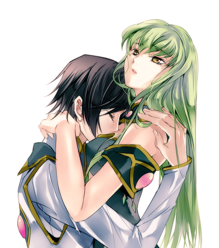 1boy 1girl bangs between_breasts black_hair c.c. closed_eyes code_geass covered_mouth detached_sleeves eyebrows eyebrows_visible_through_hair from_side green_hair hair_between_eyes hand_on_another's_shoulder head_between_breasts hetero hug jewelry lelouch_lamperouge long_hair meimi_k parted_lips simple_background upper_body white_background yellow_eyes