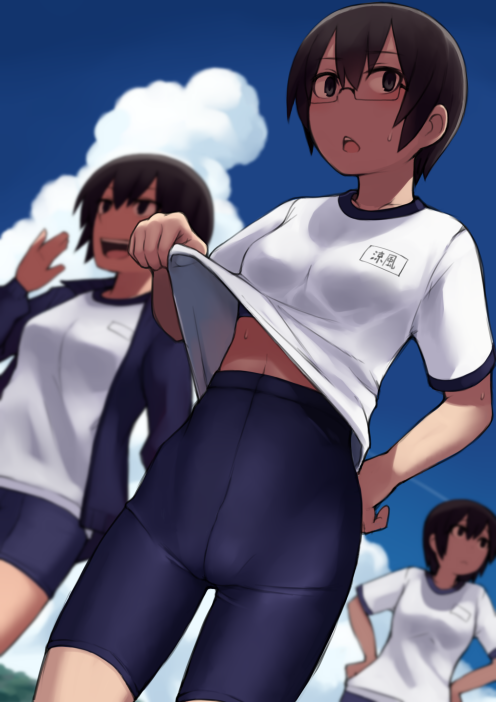 3girls bike_shorts blue_sky brown_hair clouds dutch_angle glasses gym_uniform hands_on_hips looking_at_viewer lvi multiple_girls open_mouth original outdoors revision shirt_lift short_hair skin_tight sky sweat
