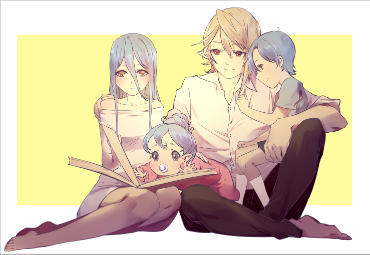 2boys 2girls airrabbityan aqua_(fire_emblem_if) baby barefoot blonde_hair blue_eyes blue_hair blush child commentary_request dress_shirt family father_and_daughter father_and_son fire_emblem fire_emblem_if hair_bun husband_and_wife kanna_(fire_emblem_if) kneehighs mother_and_daughter mother_and_son multiple_boys multiple_girls my_unit_(fire_emblem_if) nintendo pacifier pointy_ears reading red_eyes shigure_(fire_emblem_if) shirt sitting socks yellow_eyes