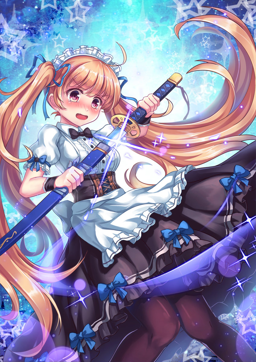 1girl blush bow commentary_request glint highres long_hair maid miazi moe2015 open_mouth original pantyhose sheath solo star sword tears twintails unsheathing very_long_hair weapon wristband