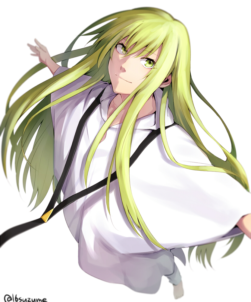 1boy enkidu_(fate/strange_fake) fate/strange_fake fate_(series) green_eyes green_hair long_hair looking_up outstretched_arms robe solo somemiya_suzume spread_arms white_background