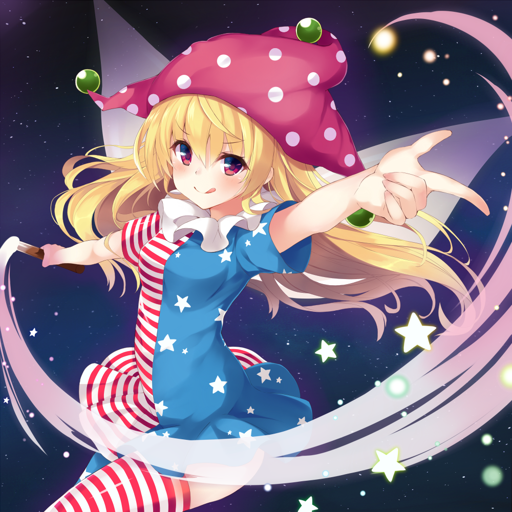1girl alternate_legwear american_flag_dress american_flag_legwear bangs blonde_hair blush clownpiece collar dress fairy_wings frilled_collar frills hat index_finger_raised jester_cap long_hair looking_at_viewer note_(aoiro_clip) polka_dot red_eyes short_dress short_sleeves solo star striped thigh-highs tongue tongue_out torch touhou wings