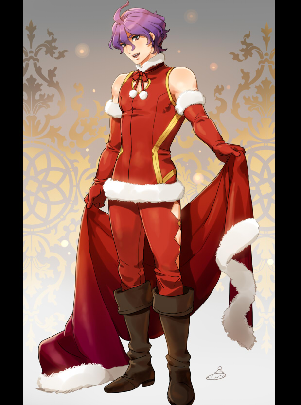 1boy :3 boots brown_boots cape christmas cleavage_cutout elbow_gloves full_body fur_trim gloves kasen_kanesada knee_boots looking_at_viewer male_focus mizuhara_aki open_mouth pillarboxed pom_pom_(clothes) purple_hair short_hair sleeveless smile solo standing touken_ranbu