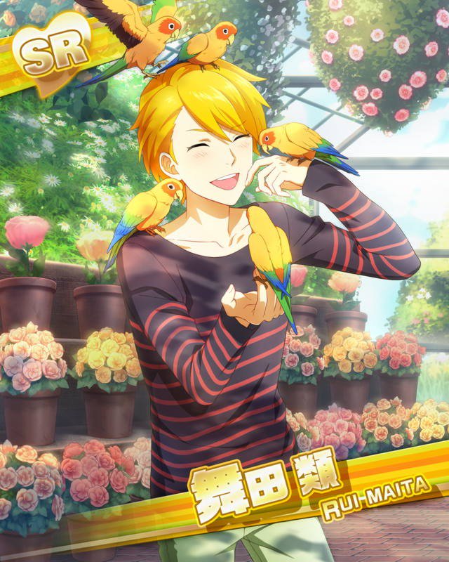 1boy animal animal_on_head animal_on_shoulder bird blonde_hair blush card_(medium) character_name closed_eyes collarbone cowboy_shot facing_viewer flower flower_pot greenhouse hanging_plant holding_animal idolmaster idolmaster_side-m maita_rui male_focus official_art open_mouth pants plant potted_plant shirt smile solo standing striped striped_shirt