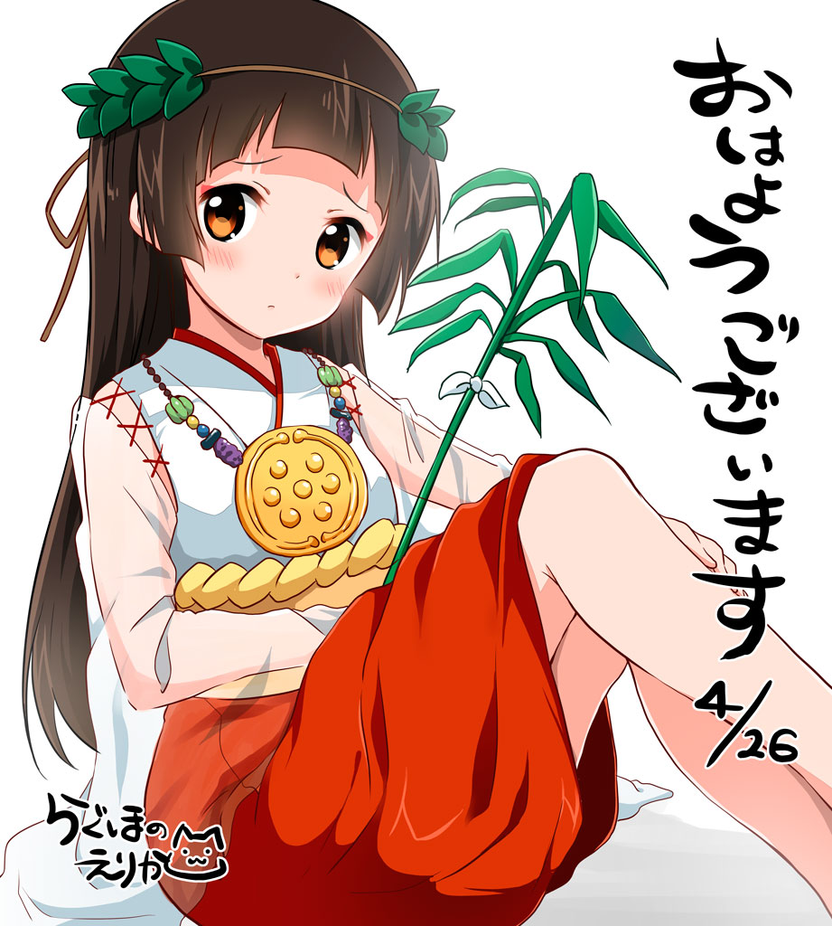 1girl alternate_hairstyle amayadori_machi artist_name bangs bare_legs blunt_bangs blush brown_hair circlet closed_mouth dated detached_sleeves expressionless eyelashes hair_ornament head_tilt holding japanese_clothes jewelry kimono knees_up kumamiko leaf leaf_hair_ornament long_hair long_sleeves looking_at_viewer mirror necklace orange_eyes plant ragho_no_erika red_skirt see-through skirt sleeveless sleeveless_kimono solo tareme text translated