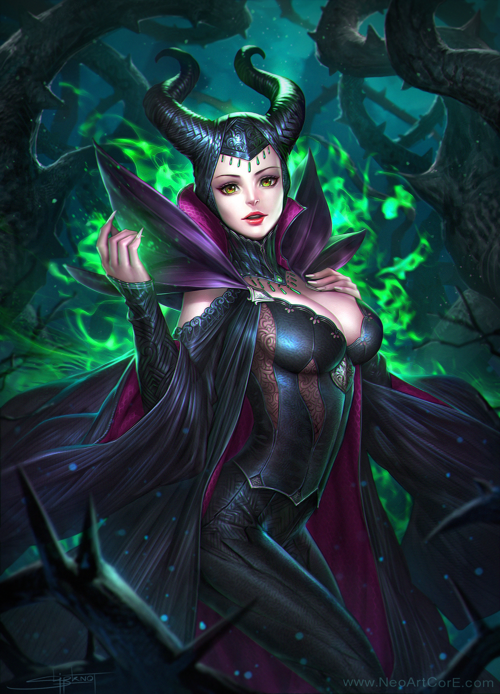 1girl bodysuit breasts cape cleavage detached_sleeves disney fingernails green_eyes highres horns large_breasts lipstick long_fingernails magic makeup maleficent nudtawut_thongmai plant red_lipstick sharp_fingernails signature sleeping_beauty solo thorns vines watermark web_address