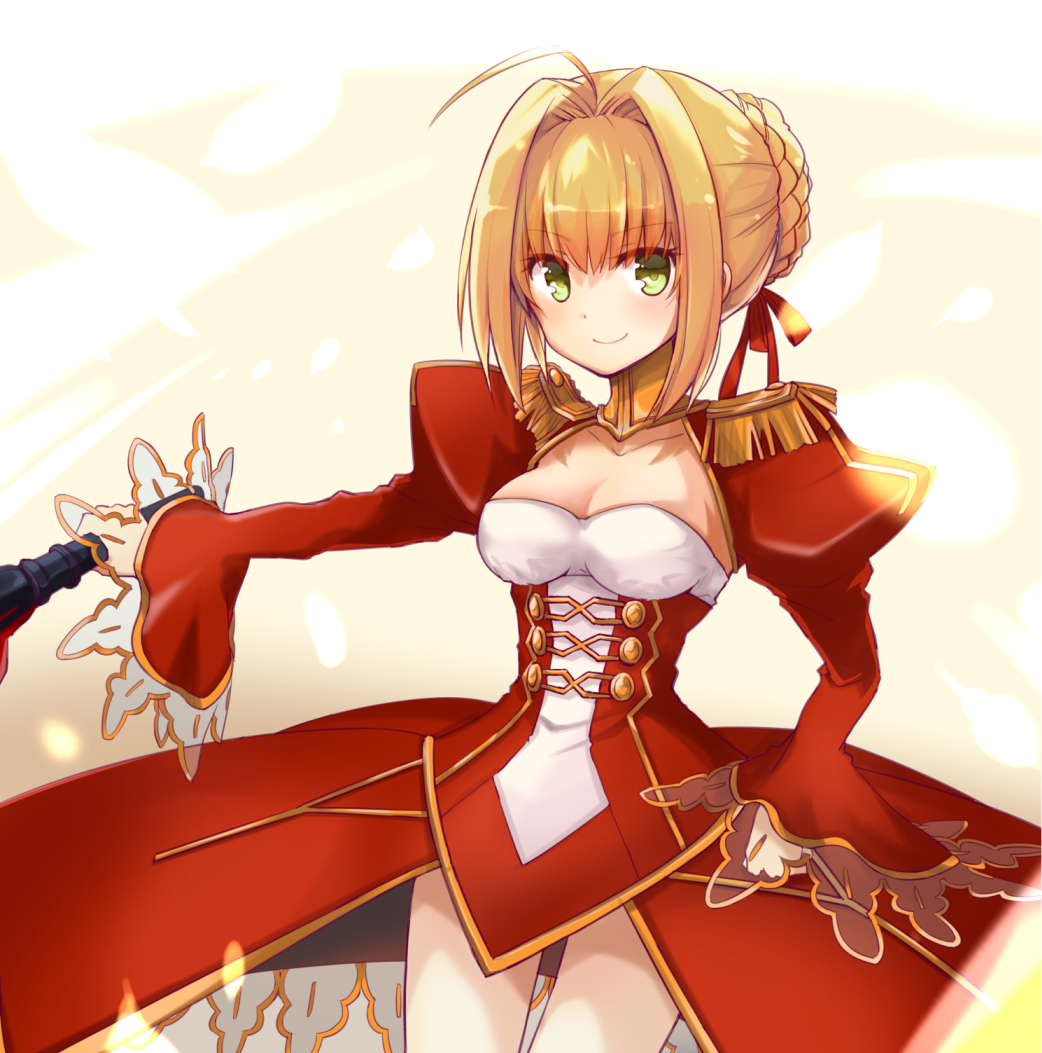 1girl ahoge blonde_hair blush breasts cleavage collarbone cowboy_shot dress epaulettes fate/extra fate_(series) green_eyes juliet_sleeves long_sleeves looking_at_viewer puffy_sleeves quro_(black_river) red_dress saber_extra smile solo