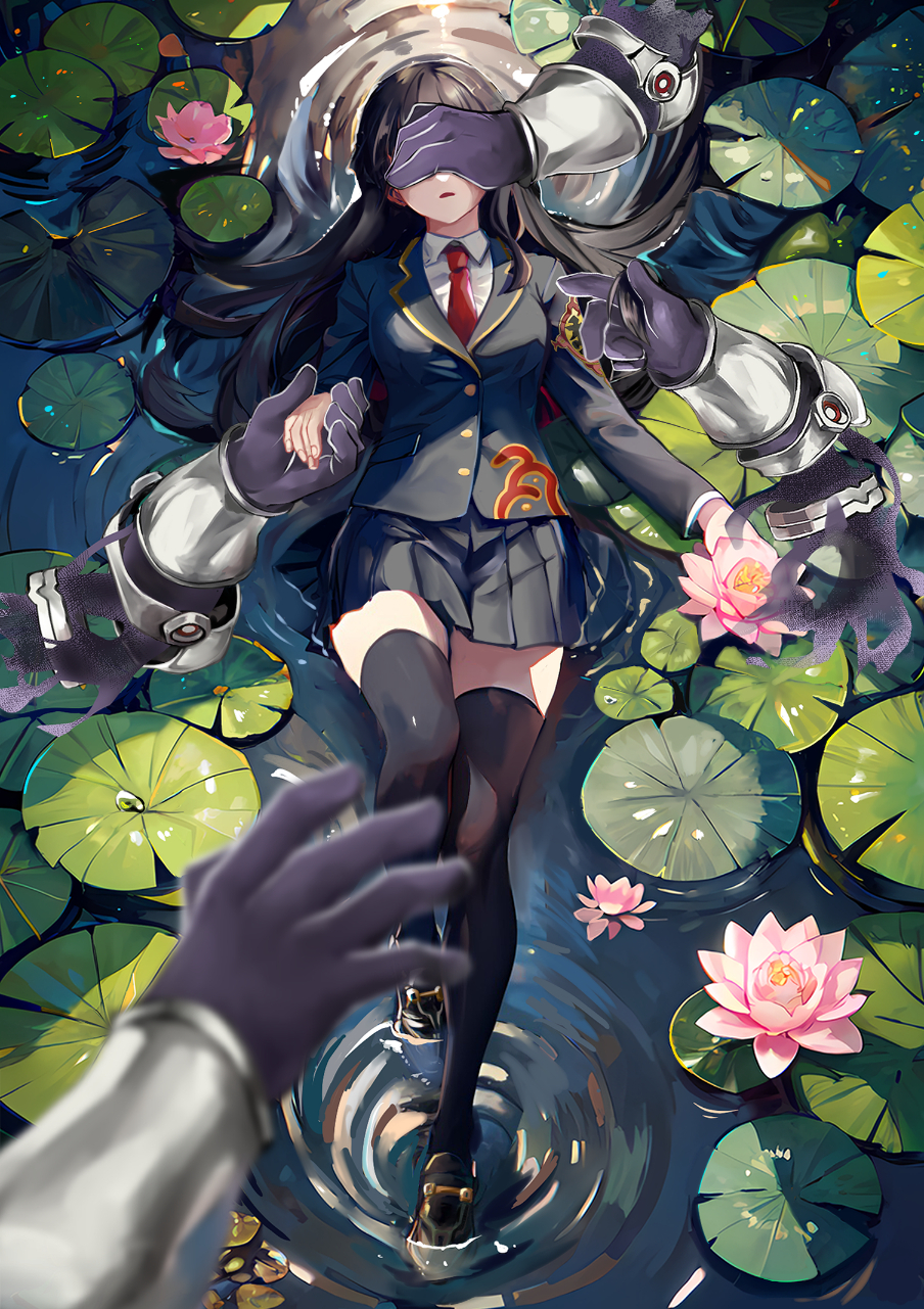 1girl afloat black_hair black_jacket black_thighhighs collared_shirt disembodied_limb flower hand_grab hand_over_another's_eyes highres jacket lily_(flower) lily_pad long_hair necktie pleated_skirt protagonist_2_(housamo) red_necktie ripples school_uniform shirt shiva_(housamo) skirt tass_commuovere telekinesis thigh-highs tokyo_afterschool_summoners water_lily_flower white_shirt