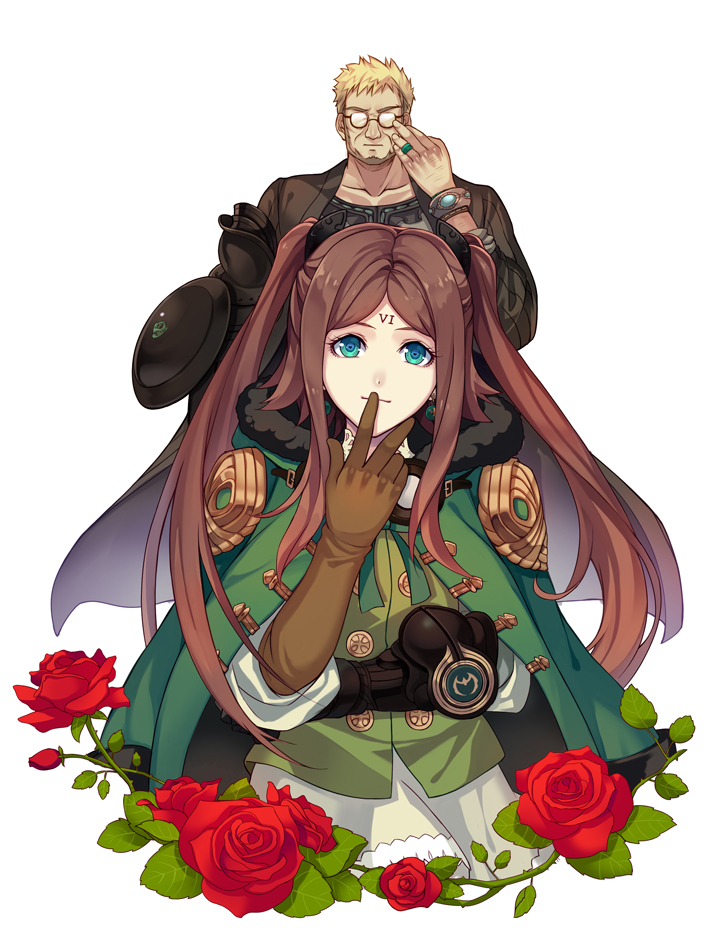 1boy 1girl beard blonde_hair brown_hair cloak decad_(drag-on_dragoon) drag-on_dragoon drag-on_dragoon_3 facial_hair facial_mark flower forehead_mark four_(drag-on_dragoon) glasses gloves green_eyes jewelry kllsiren long_hair looking_at_viewer red_rose ring roman_numerals rose simple_background thorns twintails typo white_background