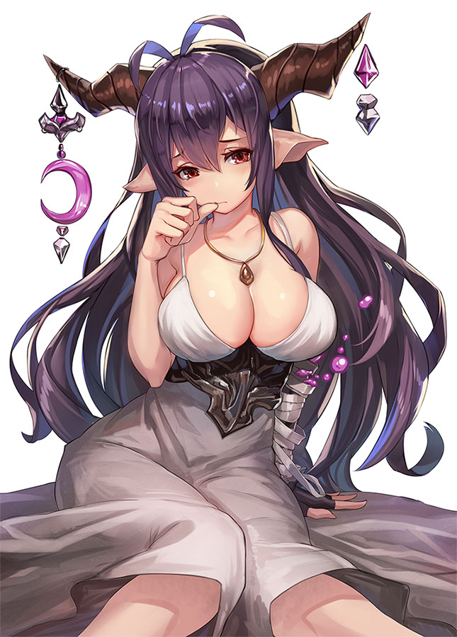 1girl antenna_hair arm_at_side bandaged_arm black_gloves black_hair blush breasts cleavage closed_mouth collarbone contrapposto corset crescent danua dress fingerless_gloves frown gloves granblue_fantasy grey_dress hair_between_eyes head_tilt horn_ornament horns jewelry large_breasts long_hair looking_at_viewer necklace pendant pointy_ears purple_hair raijuu_(bakanara) red_eyes single_glove sitting sleeveless sleeveless_dress solo thumb_to_mouth underbust very_long_hair