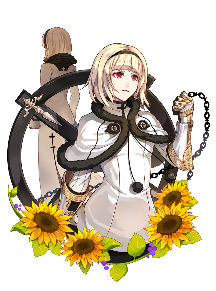 1girl armor bangs blonde_hair blunt_bangs chain clenched_hand drag-on_dragoon drag-on_dragoon_3 earrings facial_mark facing_away flower forehead_mark gauntlets gloves hairband jewelry kllsiren one_(drag-on_dragoon) red_eyes short_hair simple_background smile sunflower weapon white_background