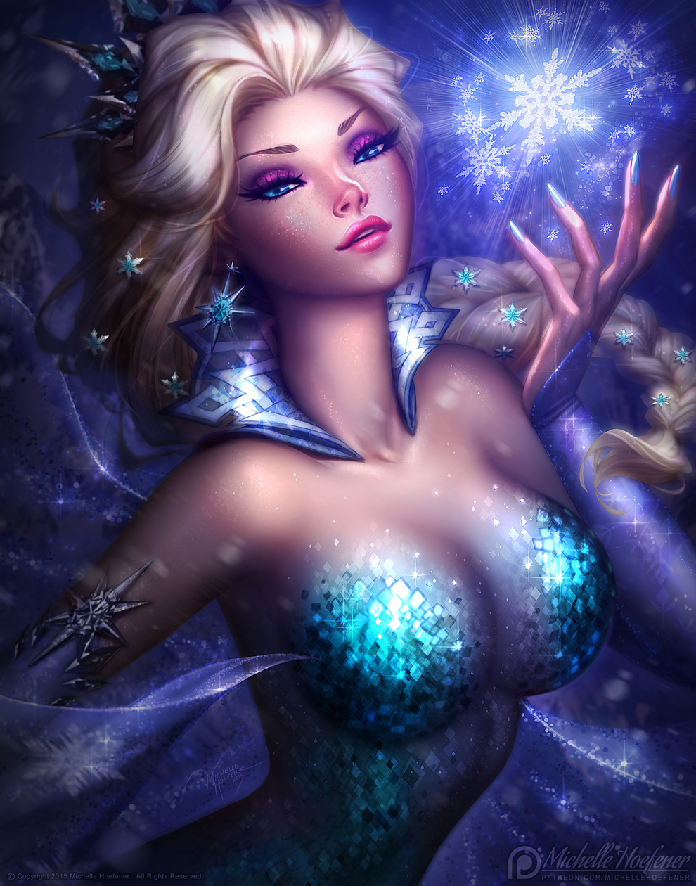1girl artist_name blonde_hair blue_eyes blue_nails braid breasts cape cleavage detached_sleeves earrings elsa_(frozen) eyeshadow freckles frozen_(disney) hair_ornament highres jewelry lipstick long_hair makeup michelle_hoefener nail_polish red_lipstick signature single_braid snowflake_earrings snowflake_hair_ornament snowflakes solo sparkle tiara transformation