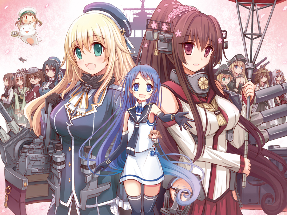 6+girls ahoge airplane atago_(kantai_collection) bangs bare_shoulders beret bismarck_(kantai_collection) black_gloves black_hair black_legwear blonde_hair blue_eyes blue_hair brown_eyes brown_hair cannon cat cherry_blossoms chibi detached_sleeves elbow_gloves error_musume fairy_(kantai_collection) flower gloves gradient_hair green_eyes hachimaki hair_flower hair_ornament hairband hat headband headgear high_ponytail japanese_clothes kantai_collection kariginu kongou_(kantai_collection) light_brown_hair long_hair looking_at_viewer machinery michishio_(kantai_collection) military military_hat military_uniform multicolored_hair multiple_girls muneate neckerchief nontraditional_miko open_mouth peaked_cap petals ponytail prinz_eugen_(kantai_collection) red_eyes red_skirt rizuriri ryuujou_(kantai_collection) sailor_collar samidare_(kantai_collection) school_uniform serafuku ship shirt short_hair shoukaku_(kantai_collection) silver_hair skirt sleeveless sleeveless_shirt smile swept_bangs taihou_(kantai_collection) takao_(kantai_collection) thigh-highs twintails umbrella uniform very_long_hair visor_cap yamato_(kantai_collection) zettai_ryouiki zuihou_(kantai_collection)