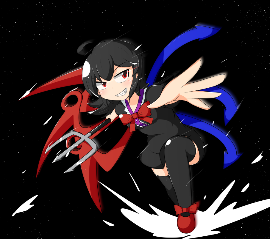 1girl ahoge asymmetrical_wings black_dress black_hair blush cocked_eyebrow dress foreshortening grin houjuu_nue looking_at_viewer manorea motion_lines outer_space polearm pose reaching_out red_eyes red_shoes shoes short_dress short_hair smile solo thigh-highs touhou trident weapon wings zettai_ryouiki