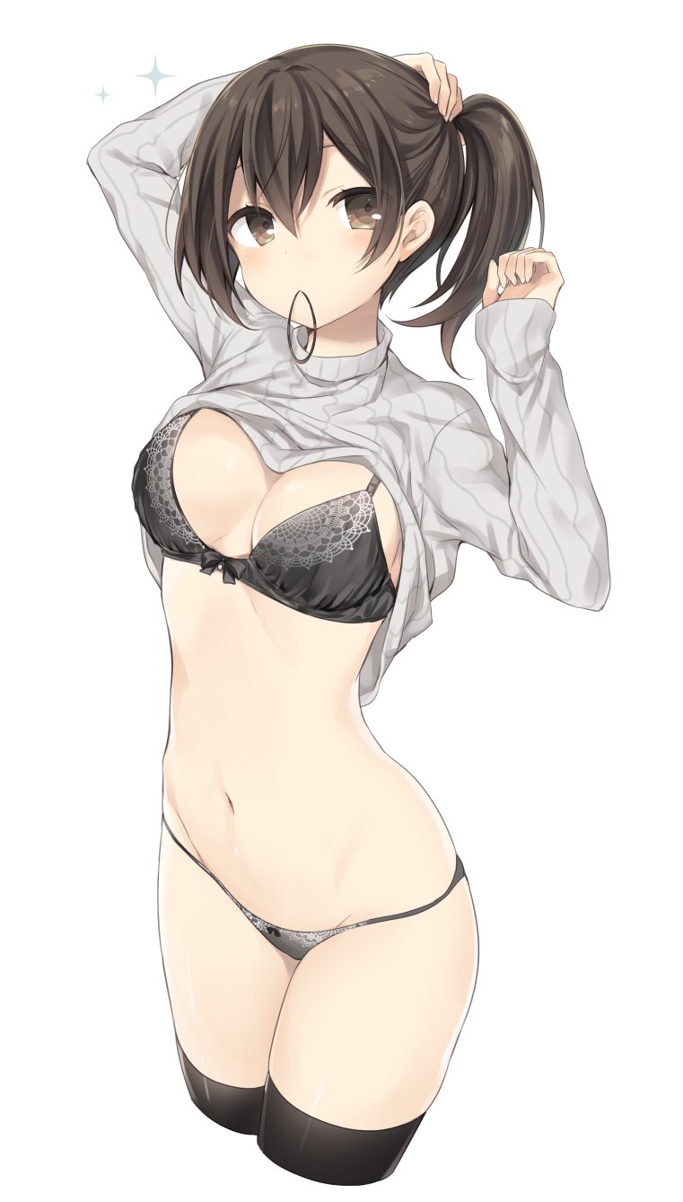1girl adjusting_hair arms_up black_bow black_legwear black_ribbon blush bow bow_bra bow_panties bra breasts brown_eyes brown_hair cleavage clothes_lift cowboy_shot grey_bra grey_panties groin hair_ribbon hand_on_own_head highres kaga_(kantai_collection) kantai_collection komeshiro_kasu legs_together lingerie long_sleeves midriff mouth_hold navel no_pants panties ponytail ribbed_sweater ribbon short_hair simple_background sleeves_past_wrists solo sparkle standing stomach sweater sweater_lift tareme thigh-highs thighs turtleneck tying_hair underwear white_background