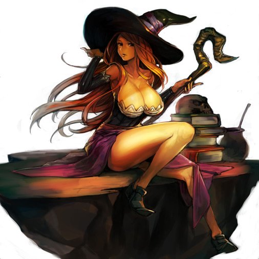 1girl bare_shoulders book breasts brown_hair cleavage detached_sleeves dragon's_crown hankuri hat large_breasts looking_at_viewer sitting skull solo sorceress_(dragon's_crown) staff witch_hat