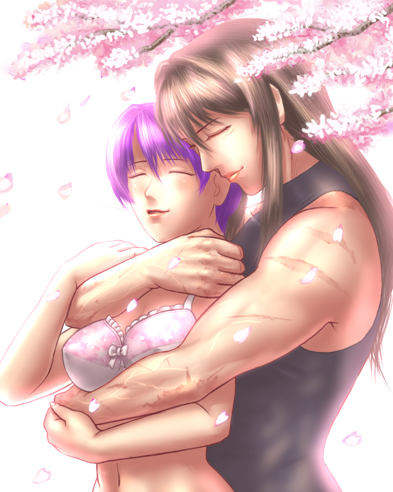 2girls ^_^ arm_grab armpits backlighting bangs bare_shoulders black_hair blush borrowed_character bow bow_bra bra breasts cherry_blossoms cleavage closed_eyes couple crossover floral_print frilled_bra frills from_side hair_between_eyes hair_intakes halterneck happy hips hug hug_from_behind leotard light_smile lips long_hair m.u.g.e.n multiple_girls muscle muscular_female navel nose original parted_bangs parted_lips petals print_bra purple_hair scar sendai_hakurei_no_miko short_hair sidelocks simple_background smile taikyokuturugi touhou turtleneck underwear underwear_only upper_body veins white_background white_bra yuri