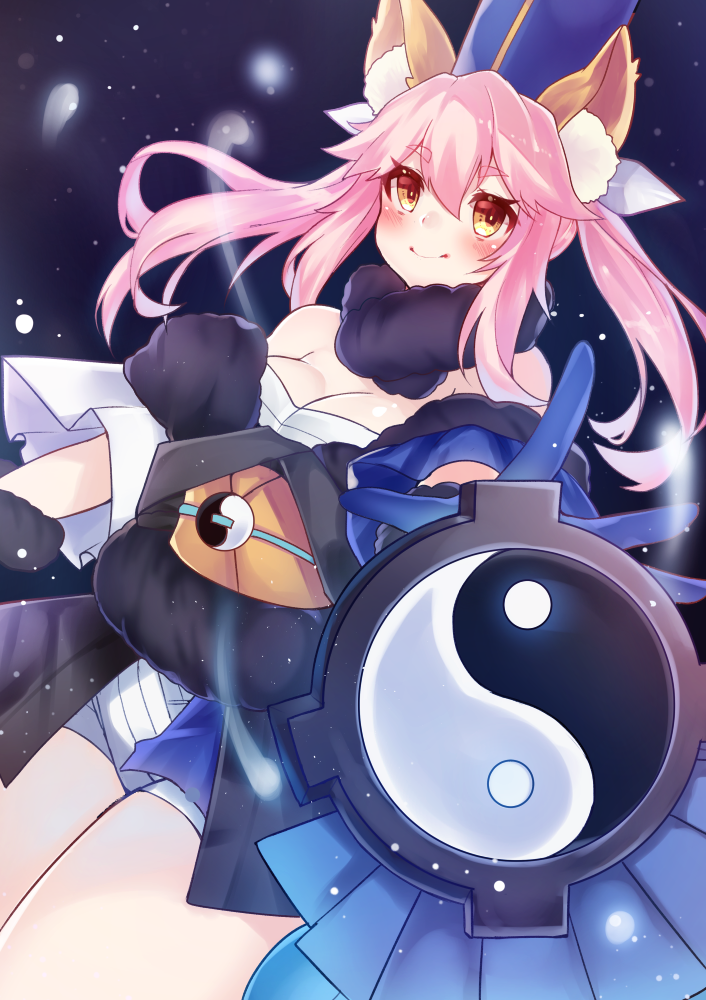 1girl animal_ears breasts caster_(fate/extra) cleavage detached_sleeves fate/extella fate/extra fate_(series) fox_ears fox_tail hair_ribbon japanese_clothes large_breasts osiimi_(artist) pink_hair ribbon solo tail yellow_eyes yin_yang