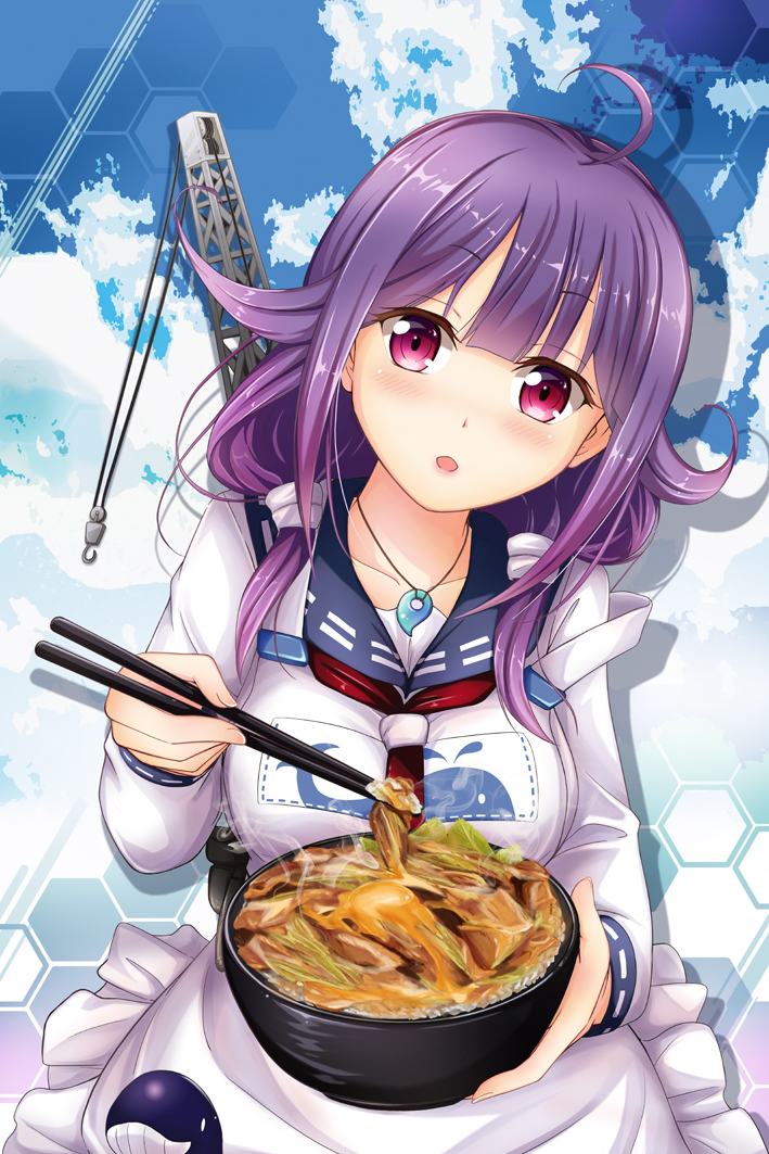 1girl ahoge apron blue_sky blush bowl breasts chopsticks clouds cloudy_sky crane food hair_flaps hair_ornament head_tilt holding holding_food honeycomb_background kantai_collection long_sleeves looking_at_viewer low_twintails magatama neckerchief open_mouth outdoors pov_feeding purple_hair school_uniform serafuku sky solo strap_slip taigei_(kantai_collection) twintails upper_body violet_eyes whale whale_hair_ornament zen_mine