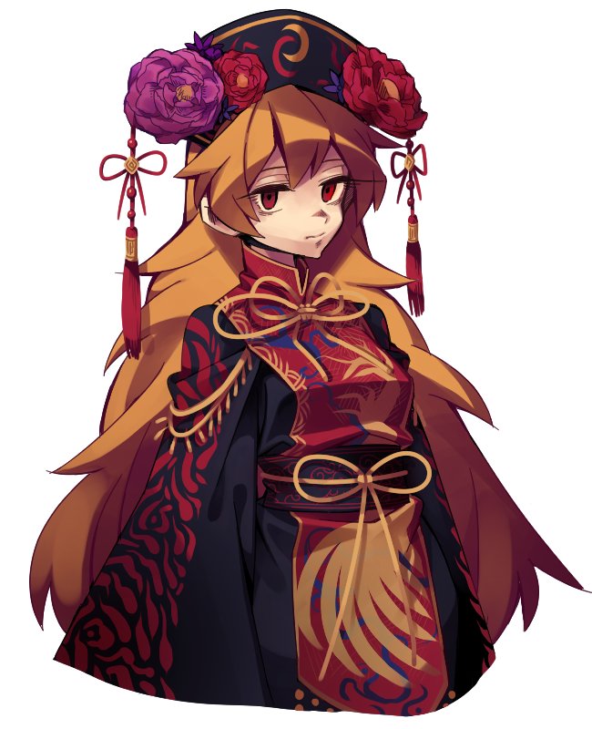 1girl chinese_clothes crescent flower flower_request hat hat_flower junko_(touhou) long_hair long_sleeves orange_hair ori_(yellow_duckling) red_eyes sash simple_background solo tabard touhou upper_body very_long_hair white_background wide_sleeves