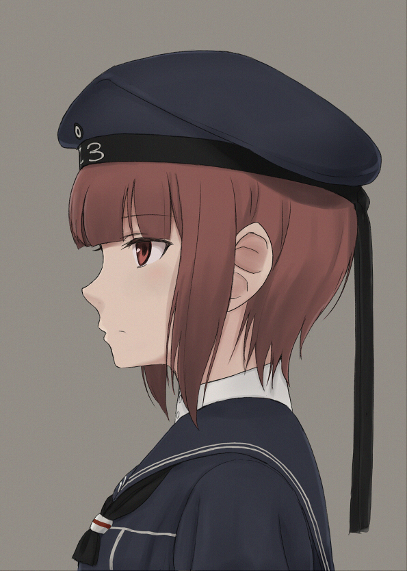 1girl auburn_hair brown_eyes clothes_writing dress from_side fuyube_gin_(huyube) hat kantai_collection sailor_collar sailor_dress sailor_hat short_hair simple_background solo z3_max_schultz_(kantai_collection)