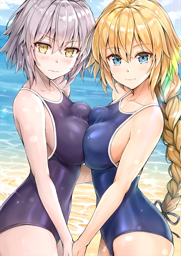 2girls 3: ahoge bangs beach blonde_hair blue_eyes blush braid breast_press breasts cleavage clouds cloudy_sky collarbone competition_school_swimsuit cowboy_shot day eyebrows_visible_through_hair fate/grand_order fate_(series) hair_ribbon hand_holding jeanne_d'arc_(alter)_(fate) jeanne_d'arc_(fate) jeanne_d'arc_(fate)_(all) kotatsu_(kotatsu358) large_breasts long_hair looking_at_viewer multiple_girls ocean one-piece_swimsuit outdoors purple_swimsuit ribbon sideboob silver_hair sky swimsuit v-shaped_eyebrows yellow_eyes