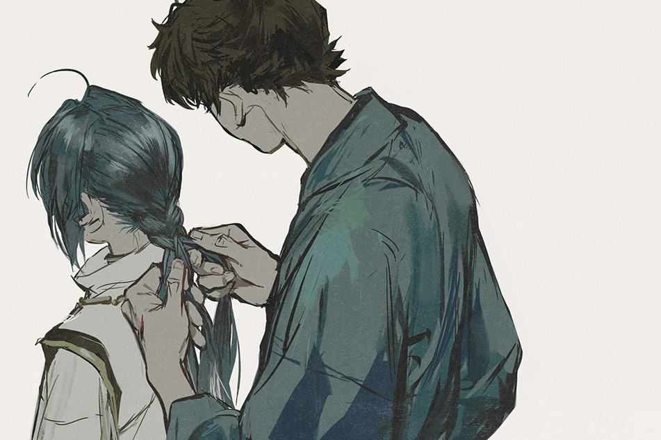 1boy 1other adjusting_another's_hair adjusting_hair ahoge androgynous black_hair blue_kimono braid braided_ponytail braiding_hair fate/samurai_remnant fate_(series) from_behind grey_background hair_intakes hairdressing holding holding_another's_hair holding_hair huangdanlan japanese_clothes kimono miyamoto_iori_(fate) saber_(fate/samurai_remnant) simple_background single_braid