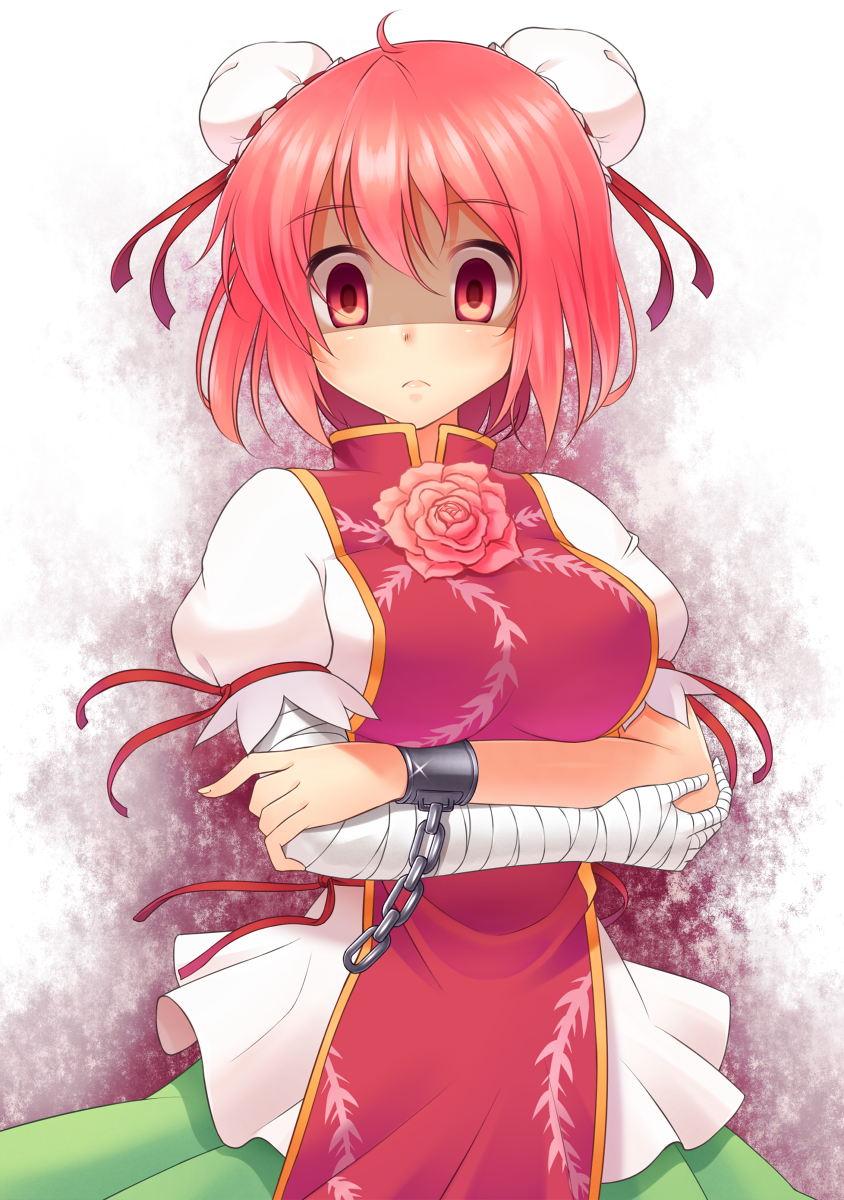 1girl aura bandaged_arm bandages blank_stare chinese_clothes crossed_arms cuffs dark_aura double_bun empty_eyes flower green_skirt highres ibaraki_kasen looking_at_viewer pink_eyes pink_hair pink_rose puffy_sleeves rose serious shaded_face shirt short_hair skirt solo tabard tappei thorns touhou white_shirt