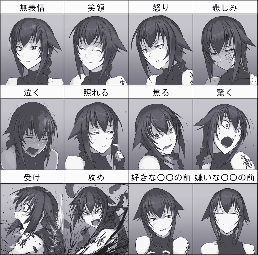 1girl blood braid crying expression_chart facial_expressions greyscale helevu hetza_(hellshock) long_hair monochrome open_mouth original sidelocks single_braid smile solo surprised tattoo tears translated