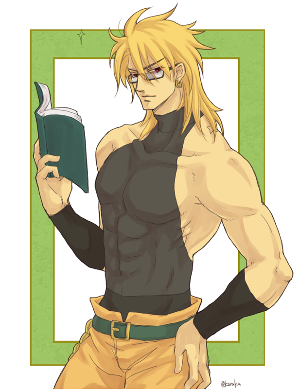 1boy abs alsohpia-quattuor belt birthmark blonde_hair book dio_brando glasses halterneck hand_on_hip holding holding_book joestar_birthmark jojo_no_kimyou_na_bouken male_focus muscle red_eyes semi-rimless_glasses skin_tight solo under-rim_glasses