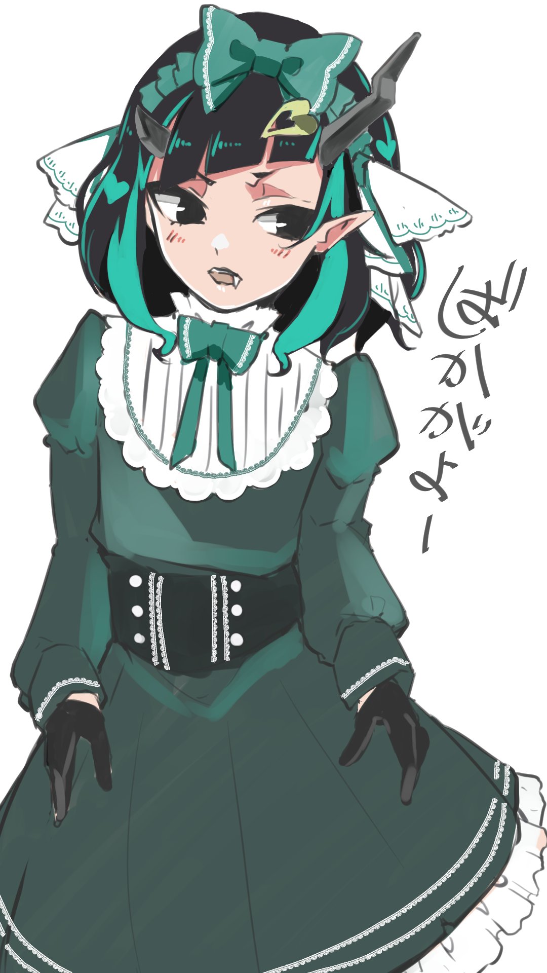 1girl alternate_costume alternate_eye_color bangs black_eyes black_gloves black_hair blue_hair blush bow bowtie commentary_request corset demon_girl demon_horns dress fang feet_out_of_frame flat_chest frilled_dress frills gloves green_bow green_bowtie green_dress hair_bow hair_ornament heart heart_hair_ornament highres horns long_sleeves looking_to_the_side medium_hair multicolored_hair open_mouth panyatteria pointy_ears shishio_chris simple_background solo sugar_lyric translation_request two-tone_hair virtual_youtuber white_background