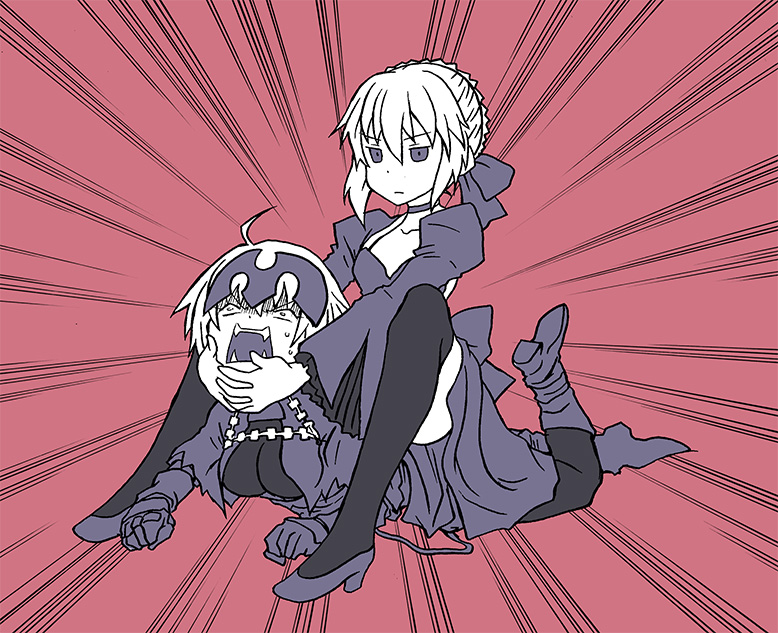 2girls black_legwear breasts dress fate/grand_order fate/stay_night fate_(series) gauntlets helmet high_heels jeanne_alter lying multiple_girls on_stomach open_mouth ruler_(fate/apocrypha) ruler_(fate/grand_order) saber saber_alter sitting sitting_on_person submission_hold sweatdrop teeth tententensan thigh-highs wrestling