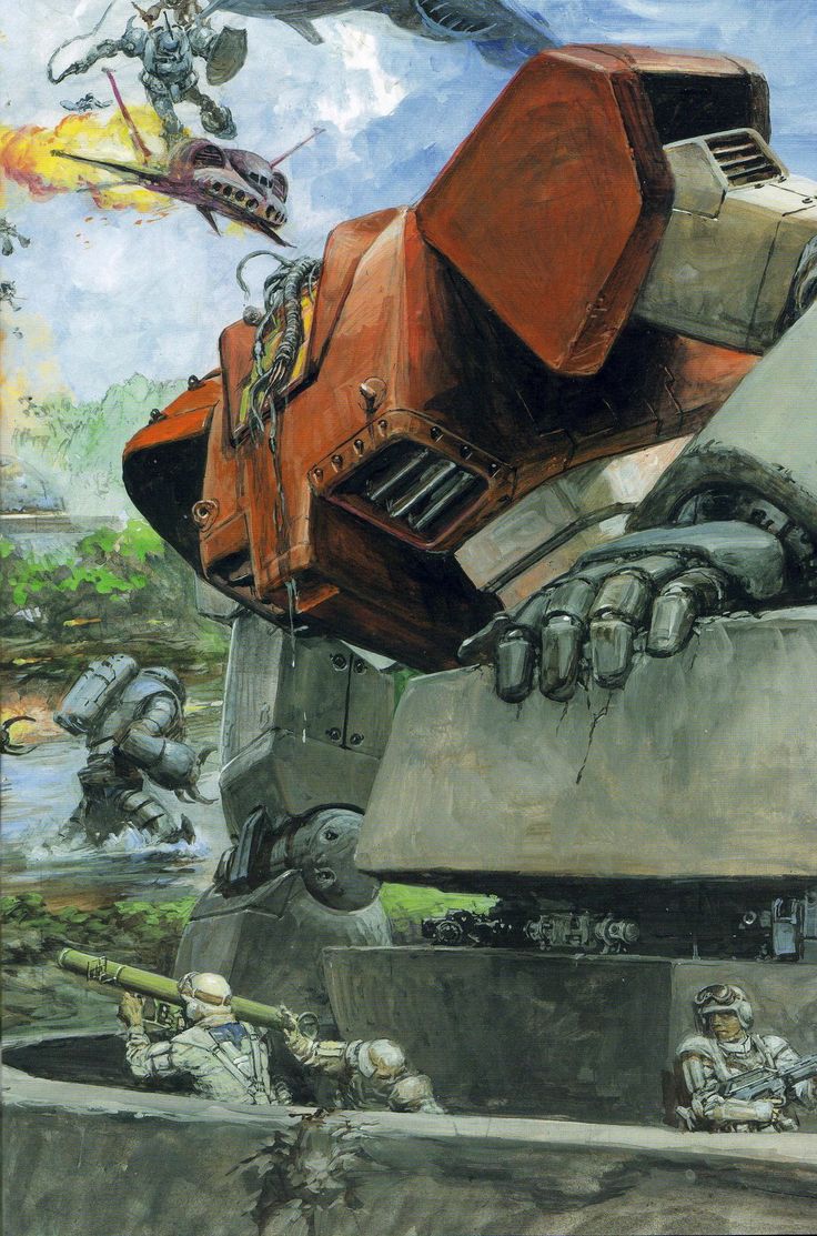 3boys aircraft armor bad_end battle bazooka bunker cable claws damaged defeat firing flying forest gloves gm_(mobile_suit) goggles gouf gundam headless helmet mecha military military_uniform mobile_suit_gundam multiple_boys nature official_art promotional_art realistic riding river scan science_fiction severed_head shield soldier takani_yoshiyuki taking_cover traditional_media uniform weapon wire z'gok
